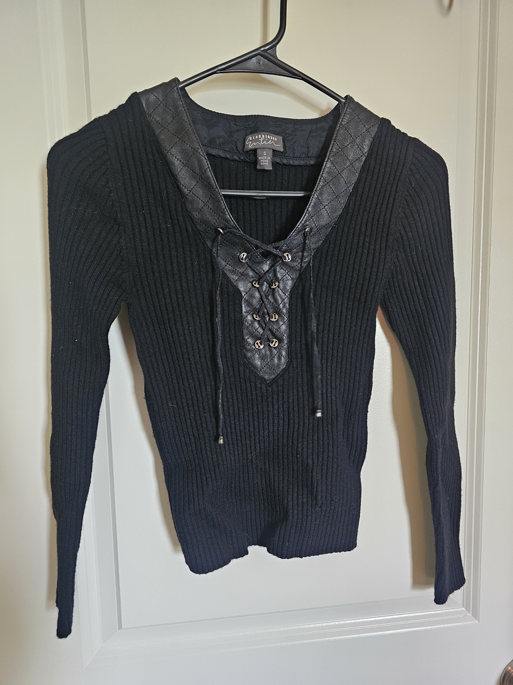 Classiques Entier Black Ribbed Long Sleeve Knit Top with Leather Lace-Up V-Neck